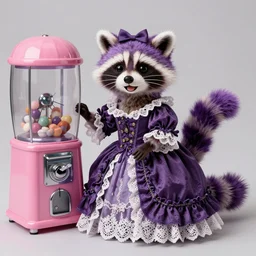 3 d purple littlest pet shop purple raccoon, vintage gothic gown, gumball machine, real fur, smiling, lace, master painter and art style of noel coypel, art of emile eisman - semenowsky, art of edouard bisson
