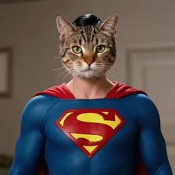 movie still of superman with a cat head, 8 k, dof, film grain