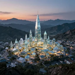a small town completely made out of glass, surrounded by a surreal mountain landscape, shining faintly in the dim light of sunset, highly detailed and beautiful illustration