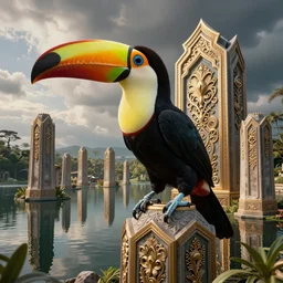 cinematic, filmic, wildlife photography, ray tracing reflections, insanely detailed and intricate, hypermaximalist, elegant, ornate, hyper realistic, super detailed, toucan, lake with hexagonal pylons