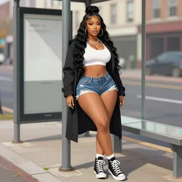 nicki minaj, leaning pose at a bus stop, concept art trending on artstation hd