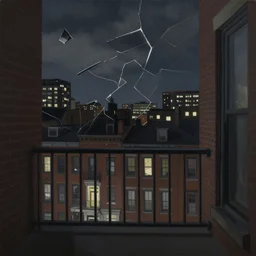 muted color ultra realistic painting of a balcony view of 1 9 2 5 boston downtown at night, the sky is distorted and broken like a smashed mirror, dark, brooding, night, atmospheric, ultra - realistic, smooth, highly detailed in the style of clyde caldwell