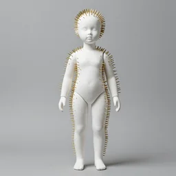 realistic photo of a full - height human anatomic head model white rubber clay realistic sculpture doll made of white clay, wearing white tights, covered in very very long brass spikes needles, center straight composition, 2 0 0 0, life magazine photo, museum archival photo