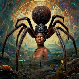 realistic detailed photorealistic film portrait shot of a beautiful black woman with a giant spider, sci-fi landscape background by Denis Villeneuve, Amano, Yves Tanguy, Alphonse Mucha, Ernst Haeckel, Andrei Tarkovsky, Edward Robert Hughes, Roger Dean, rich moody colours, wide angle, blue eyes