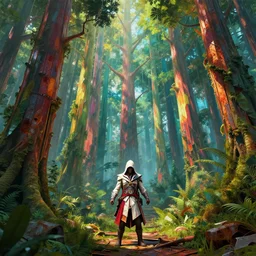 a huge rainforest with rainbow trees, artstation, in the style of assassin's creed, by claude monet, colorful, light, polygonal, metal, rusty, highly detailed art