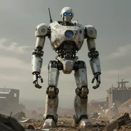 A large robot, full body, facing forward, bleak tone, post apocalyptic, Nuttavut Baiphowongse, Mark Armstron, amad, rendered by octane, 8k, ultra 8k, hyper realistic, photorealistic, photo