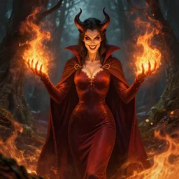 evil fire sorceress in the woods, skintight dress, long cloak, evil, grin, dnd, highly detailed, detailed face, burning hands, fire everywhere, smooth, sharp focus, digital painting, by rossdraws, ralph horsley