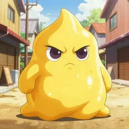 the mayo man, angular pointy crystal - like humanoid blob of mayonnaise, angry eyes, shaded out eyes, 2 0 0 1 anime, flcl, golden hour, japanese town, cel - shaded, strong shadows, vivid hues, y 2 k aesthetic