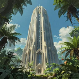 A Futuristic skyscraper in Art Nouveau Architecture by albert kiefer, movie concept art, Breath of the wild, Lush vegetation with ferns, miyazaki, junji ito dappled lighting, octane render, cinematic, photographic, realistic, highly detailed, trending on artstation