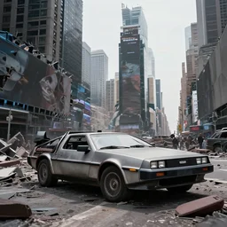 faded photographs of delorean in postapocalyptic abandoned destroyed times square, wrecked buildings, destroyed flipped wrecked cars, darkness, polaroid photo, vintage, 1 9 8 5, neutral colors, rainy day, by gregory crewdson