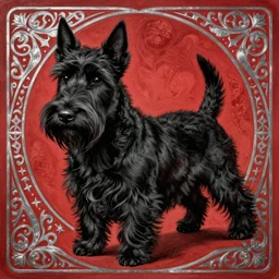 a completely black scottish terrier. red with a silver filigree background. masterful, detailed drawing. art by mucha
