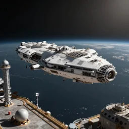industrial spaceship landing at a planetary space port, concept art, photorealistic, atmospheric