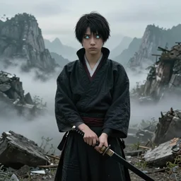 Realistic teenager, realistic glowing eyes, in the hands of a katana, assassin costume, behind very detailed ruined mountains, fog