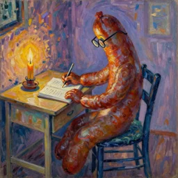 an impressionist painting of a humansized sausage studying at a desk, the sausage is sitting on a chair, very focused at a desk next to a candle light, a sausage wearing glasses, in the style of monet
