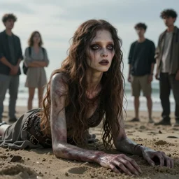 an eerie creature washed up on the beach. people are looking on anxiously.