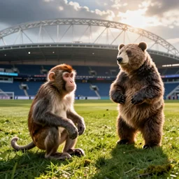 a monkey and a bear outside of wembley stadium, london