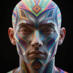 a future man face as colorful geometric patterns, intricate, symmetrical, volumetric dramatic light, dark black background, sharp focus, highly realistic, octane render