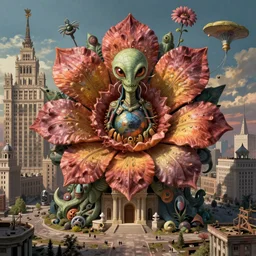 colossal grotesque prehistoric psyhedelic alien predator flower made from best unfulfilled mankind projects in the middle of abandoned post soviet constructivist cityscape, Stalinist architecture, ultradetailed, Intricate by Hayao Miyazaki and Josan Gonzalez and Makoto Shinkai and Giuseppe Arcimboldo and Wes Anderson