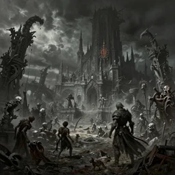 detailed art by carl gustav carus and zdzislaw beksinski of the undead settlement from dark souls iii, 8 k resolution, smooth, sharp focus, dramatic dark eerie lighting, matte painting