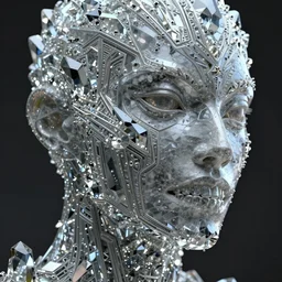 hyperrealism, dreamland of chinese, halfturn portrait of a big crystal face made of crystals half - turn, cyberpunk, ominous, slender and densely arranged teeth, futuristic, art deco, expressive, dystopian, ominous, intricate, oc rendered, concept art, photorealistic, unreal engine render
