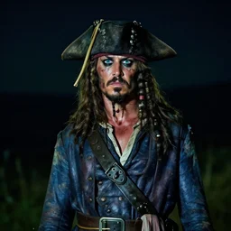 night time, dark night, night photography, photo of a pirate captain with blue eyes and long brown bear and hair, faded worn blue coat and black hat, rugged and dirty, 50mm sigma lens, movie shot, color graded, 4k trailer