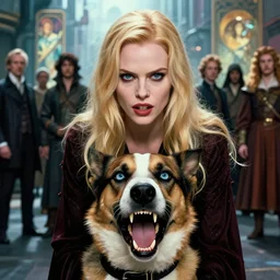 realistic detailed movie shot of a beautiful blond vampire woman with an angry angry dog, futuristic street background by denis villeneuve, amano, yves tanguy, alphonse mucha, ernst haeckel, caravaggio, edward robert hughes, roger dean, rich moody colours, dog teeth, blue eyes