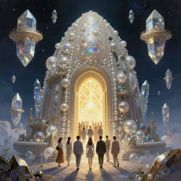 delicate retro scifi illustration by rebecca guay of a large group of people entering the glowing doorway of a massive vulva - shaped temple constructed of carved iridescent pearls and house - sized crystals of impossible architecture floating in the astral plane, trending on cgsociety.