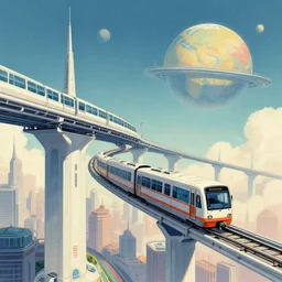 a beautiful illustration of a retro futurism elevated railway on another world by Robert McCall| sparth:.7 | Time white:.3 | Rodney Mathews:.3 | Graphic Novel, Visual Novel, Colored Pencil, Comic Book:.2