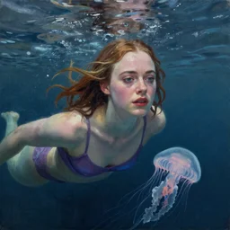 Elle Fanning swimming with jellyfish in the style of Paola Vetri, head and shoulders portrait, stormy weather, extremely detailed masterpiece, oil on canvas, low-key neon lighting, artstation, Blade Runner 2049, Roger Deakin’s cinematography, by J. C. Leyendecker and Peter Paul Rubens and Edward Hopper and Michael Sowa,