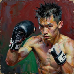 young fight club fighter in action detailed analogue mixed media collage with canvas texture in style of contemporary art, punk art, hyperrealistic beautiful face, photorealism, expressionism, masterpiece, perfect composition, spectacular quality, intricate oil details, dark red green background