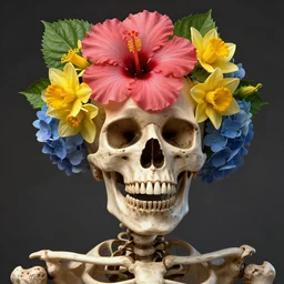 a beautiful fine art portrait photo of skeleton, skull covered by hibiscus, daffodils, hydrangea, montsera leaves by tom bagshaw and zach sutton, very detailed, artstation, 8 k