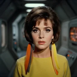 face close-up of Mila Kunis walking through an eerie space ship hallway, 1960s, Ludek Pesek, colorful accents, Rick Guidice, Chesley Bonestell, Lucien Rudaux, Rolf Klep, Fred Freeman, George Pal