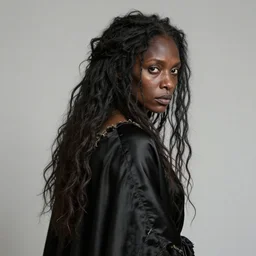 ancient black woman crone with long scraggly hair wearing rags, character portrait wearing black silk looking over one shoulder, concept art, intricate details, highly detailed photorealistic portrait in the style of adam hughes, seseon yoon, artgerm and warren louw