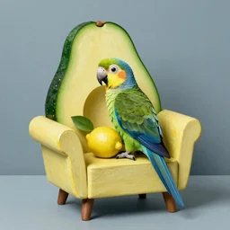 parrot made of lemon sitting in the armchair made of avocado in cubism style