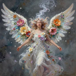 a colorful and provenance portrait painting of a angel with her hugeflowers wings spread out gracefully ， detailed, highly detailed, hair made of hair made of air wind and curling smoke, mist, dust, genie, flowers, flower, stars, spirit fantasy concept art ， art by charlie bowater and aenami, trending on artstation.