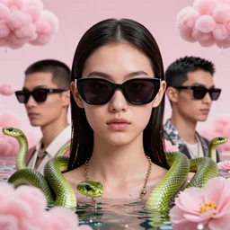 3 d close - up, water, flowers, fashion model in sunglasses, pink clouds background, green snakes, hyper detailed, photo realistic, vouge style photo, artwork by tooth wu and wlop and beeple and greg rutkowski