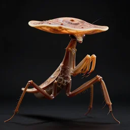 anthropomorphic brown mantis, flat pancake head, against dark background, fluid, smooth, organic, crazy, high contrast, sharpness, dramatic, by greg rutkowski and siudmak and richard corben and moebius