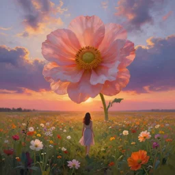 giant flower as a head, girl walking in flower field, surreal photography, sunrise, dramatic light, impressionist painting, colorful clouds, digital painting, artstation, simon stalenhag