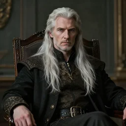 a portrait of a he white lord in a chair with long hairs, art by James Jean and Wayne Barlowe, high detail, cinematic, cgsociety 8k