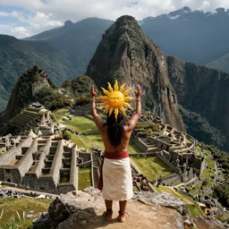 an incan shaman doing a prayer to the sun on a mountain with arms up, machu picchu, matte painting, fantasy art, hyper detailed, in the style of alex gray