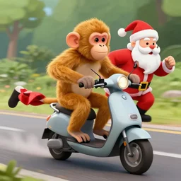 A monkey riding a scooter being chased by Santa Claus