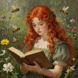 an epic fantasy comic book style portrait painting of a young red headed girl reading a book in a field of flowers surrounded by bees, d & d, fantasy, intricate, elegant, highly detailed, digital painting, artstation, concept art, matte, sharp focus, illustration, art by artgerm and greg rutkowski and alphonse mucha