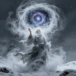 man made of swirling smoke and wind - blown snow, holding a spinning nebula portal above his head, fantasy painting, highly detailed, octane render