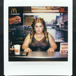 a chubby dwarven woman by a canal the middle of the city, by johan grenier, fantasy artwork, dragon age, intricate braided hair, short plump figure, smooth, highy detailed face, centered, ultra detailed, 8 k, hd working the front counter of mcdonald's ready to take your order, eighties polaroid, flash photography, photorealistic, kodachrome