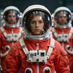 retro space explorer portraits. red astronaut suit