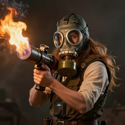 a character wearing a gas mask, brandishing a flame thrower