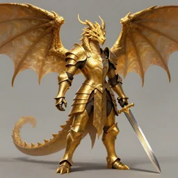 an anthro winged dragon in a golden medieval armor, holding a sword, digital art, fantasy art, matte painting, trending on Artstation