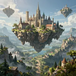 fantasy world with island in the sky, medieval cities, 1 6 k resolution, high definition, ray tracing, volumetric lighting, unreal engine 3 d, limited concentration