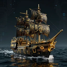 a black and gold image of a cyberpunk pirate ship on a digital sea. neonounk. intricate masterpiece. circuitboard. rich deep colours. guy denning and mark brooks