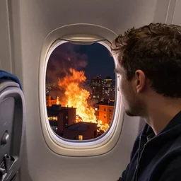 passenger looking city on fire at window in airplane, Sylvain Sarrailh trending on artstation
